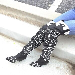 Black and White Embroidered Leather Boots